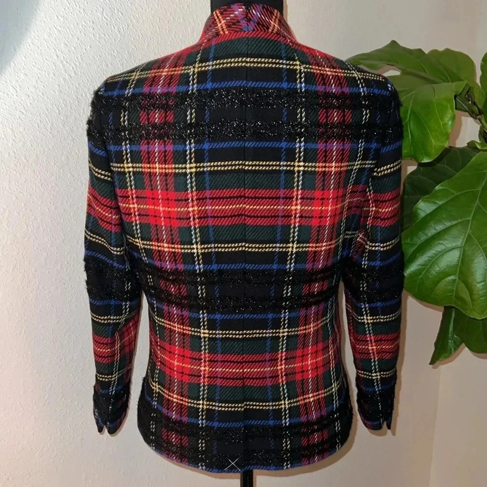 J. Crew Going-Out Lurex Metallic Steward Tartan Blazer Red Plaid Size 4 NWT
